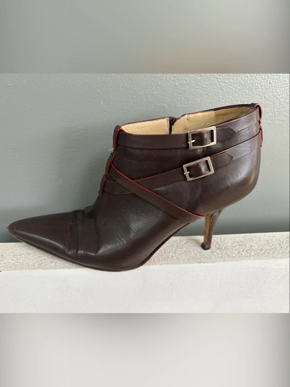Manolo Blahnik Dark Brown Leather Pointed Ankle Boots with Red Trim